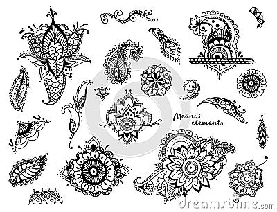 Set of hand drawn different mehndi elements. Stylized flowers, leaves, indian paisley collection. Black and white ethnic Vector Illustration