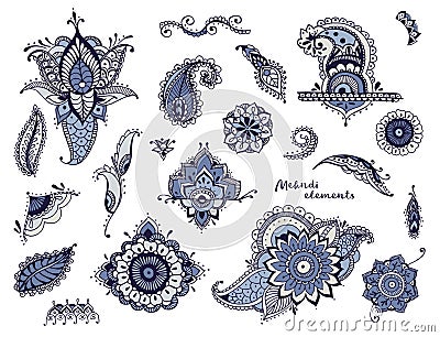 Set of hand drawn different mehndi elements. Stylized flowers, leaves, indian paisley collection. Colorful ethnic Vector Illustration