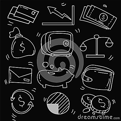 Set of Hand Drawn Doodle Business and Tax, finance icons Theme Doodle Collection In black Isolated Background Vector Illustration