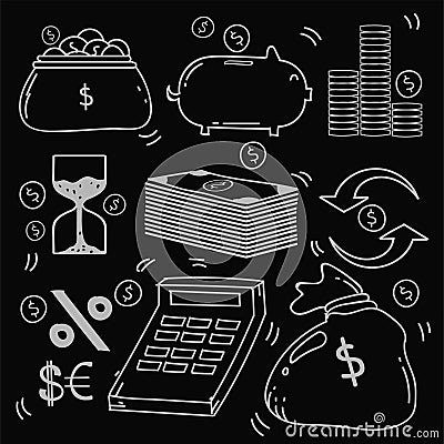 Set of Hand Drawn Doodle Business and Tax, finance icons Theme Doodle Collection In black Isolated Background Vector Illustration