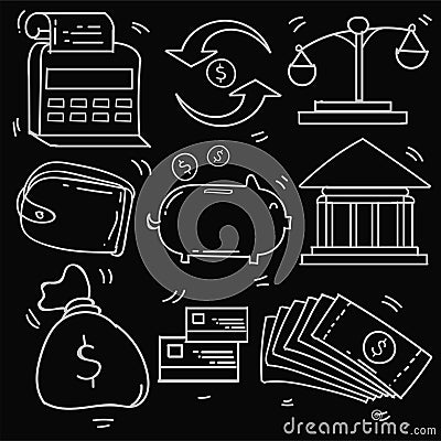 Set of Hand Drawn Doodle Business and Tax, finance icons Theme Doodle Collection In black Isolated Background Vector Illustration