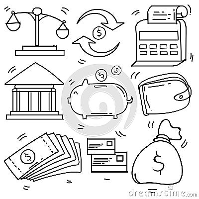 Set of Hand Drawn Doodle Business and Tax, finance icons Theme Doodle Collection In White Isolated Background Vector Illustration