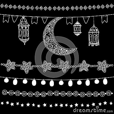 Set of hand drawn doodle chalk garlands, illuminations, with moon, stars, flags and arabic lanterns. Isolated Ramadan Vector Illustration