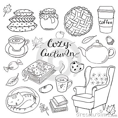 Set of hand drawn doodle elements about autumn. Cozy fall collection of drawings, outline vector drawing Stock Photo