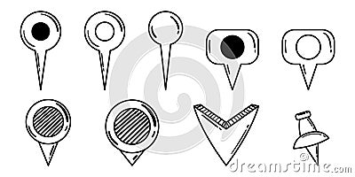 Set of Hand Drawn Doodle Location Pins. Diversify Your Designs with Various Navigation Markers, Pinpoints, Tags and Stock Photo