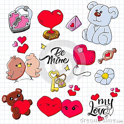 Set of hand drawn doodle love elements Valentine`s Day card, sticker, stamp design. Vector illustration with heart, love, birds, Vector Illustration