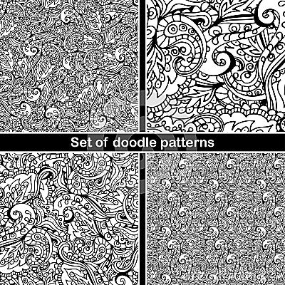 Set of hand drawn doodle pattern in vector. Zentangle background. Seamless abstract texture. Ethnic doodle design with henna Vector Illustration