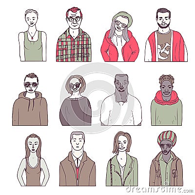 Set of hand drawn doodle people. funny portraits. vector avatar. Stock Photo
