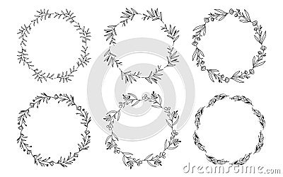 Set of hand drawn doodle round floral wreaths frames. Flower line and leaf circle frames design elements for wedding, mothers day Vector Illustration