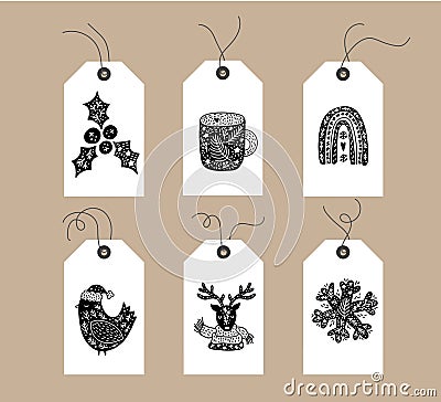 Set of hand drawn doodle scandinavian Christmas element tags. Collection winter holiday vector jolly mug rainbow bird Vector Illustration