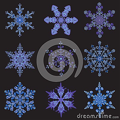Set hand-drawn doodles color snowflake. Zentangle mandala style. Cartoon Illustration