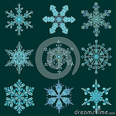 Set hand-drawn doodles color snowflake. Zentangle mandala style. Cartoon Illustration