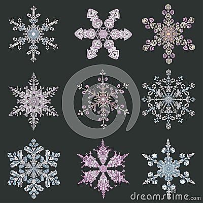 Set hand-drawn doodles color snowflake. Zentangle mandala style. Cartoon Illustration