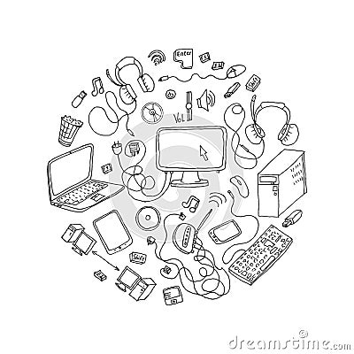 set of hand drawn doodles of electronic gadget Vector Illustration