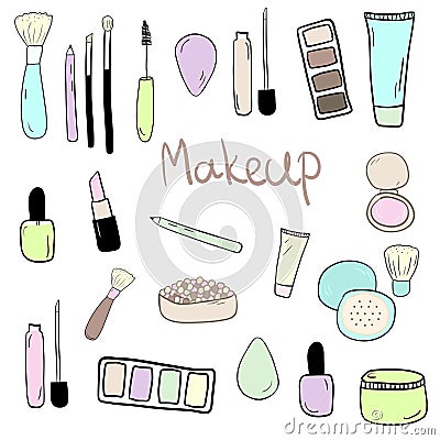 Set of hand drawn doodles with makeup items Vector Illustration