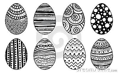 Set of hand drawn easter eggs. Decorative elements for card, coloring book. Isolated. Vector Illustration