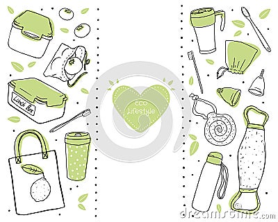 Set of hand-drawn eco-friendly objects isolated in white background. Doodle style. Place for text. Vector Illustration