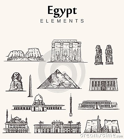 Set of hand-drawn Egypt buildings sketch vector illustration. Cartoon Illustration