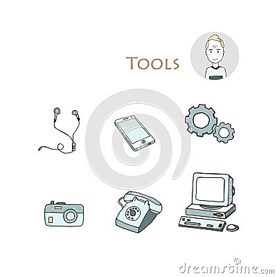 Set of hand drawn electorinc gadget icons with pc, phone, photo camera, headphones, tools, computer, laptop, monitor. Isolated Stock Photo