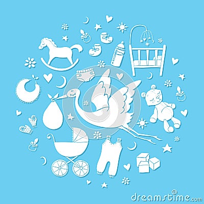 Set of hand drawn elements. Baby boy stuff. Collection of vector cute icons Vector Illustration