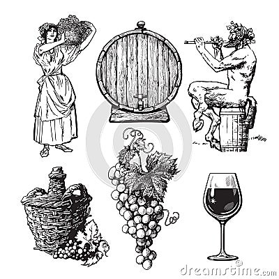 Set of hand drawn elements for wine design. Beautiful peasant woman carrying basket, bunch of grapes, Satyr, bottle Vector Illustration