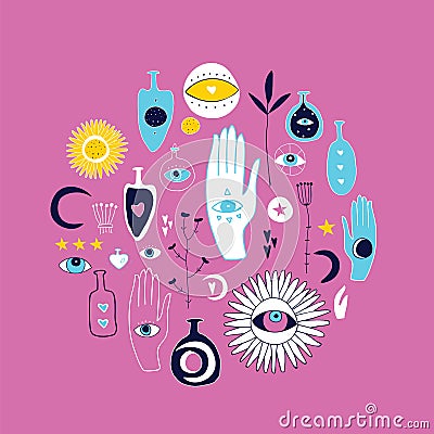 Set of hand drawn esoteric mystic magical spiritual elements on pink background Cartoon Illustration