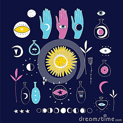 Set of hand drawn esoteric mystic magical spiritual elements Sacred signs and symbols Cartoon Illustration