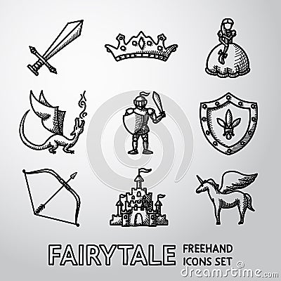 Set of hand drawn fairytale, game icons. Vector Vector Illustration