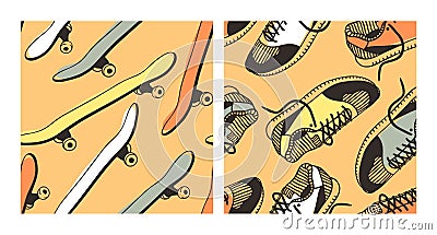 Set of hand drawn fashion illustration sneakers and skateboard. Creative ink art work. Actual vector seamless patterns with shoes Cartoon Illustration