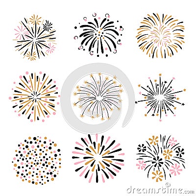 Set of hand drawn fireworks in pink, golden and black colors Vector Illustration