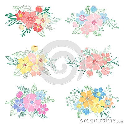 Set of hand drawn flower bouquets Vector Illustration