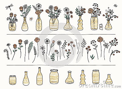 Set of hand drawn flowers and gold patterned vases Vector Illustration