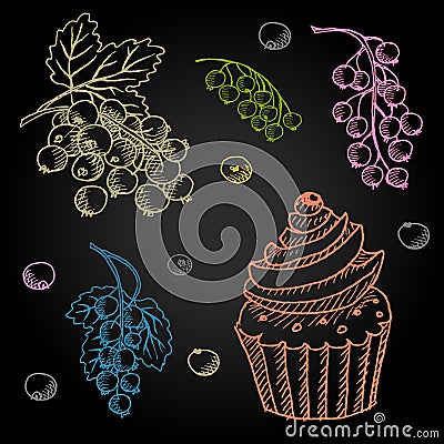 Set hand-drawn food ingredients on chalkboard. Vector Illustration