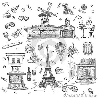 Set of hand drawn French icons, Paris sketch illustration Cartoon Illustration