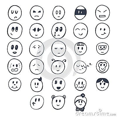 Set of hand drawn funny faces with different expressions. Smiley Vector Illustration