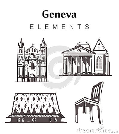 Set of hand-drawn Geneva buildings, elements sketch vector illustration Cartoon Illustration