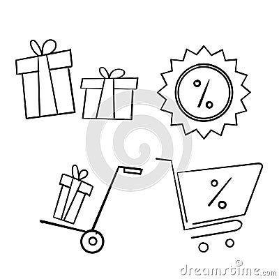 Set of hand drawn gift box icons, such as present, discount, package, price tag. Vector illustration isolated for graphic and web Vector Illustration