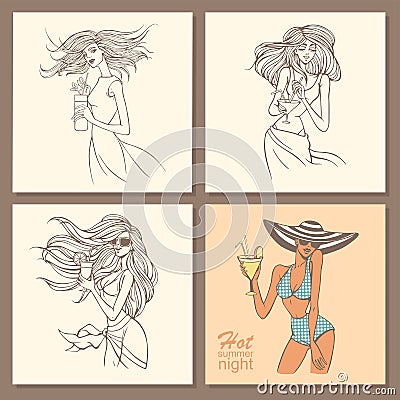 Set of hand-drawn girl with cocktail Vector Illustration