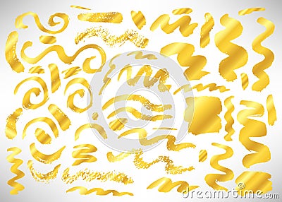 Set of hand drawn golden brushes. Shining brush stroke. Gold ink spots and splashes Vector Illustration