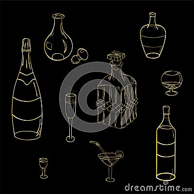 Set of Hand-Drawn Golden Glasses, Bottles and Glass Decanters. Sketch Drawing Golden Glasses isolated on Black. Vector Illustration