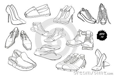 Set hand drawn graphic Men and women Footwear, shoes. Casual and sport style, gumshoes for Shoes for all seasons Vector Illustration