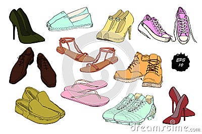 Set hand drawn graphic Men and women Footwear, shoes. Casual and sport style, gumshoes for Shoes for all seasons Vector Illustration