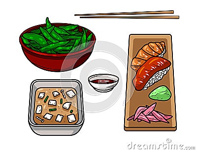 Set of hand-drawn graphic objects of Asian food. Stock Photo