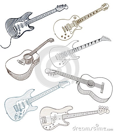 Set of hand drawn guitars Vector Illustration