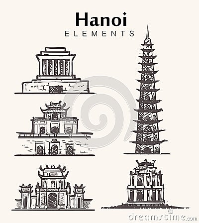 Set of hand-drawn Hanoi buildings.Hanoi sketch illustration. Cartoon Illustration