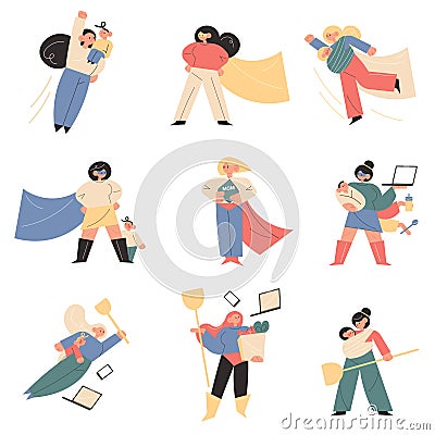 Young women mothers behaving like superhero with children Vector Illustration