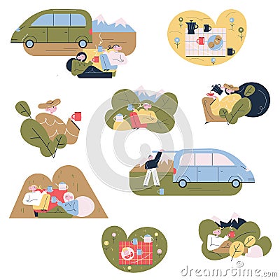 Set of people travelers tourists enjoying hot tea and coffee drinks during traveling Vector Illustration