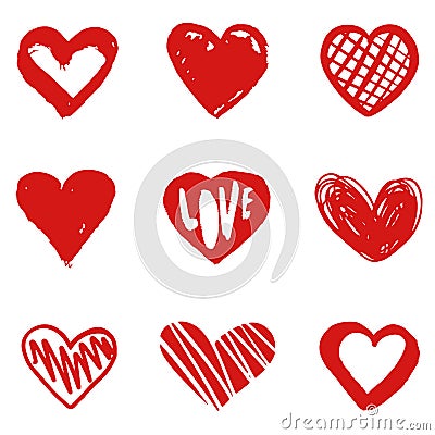 Set of hand drawn heart. Handdrawn rough marker hearts isolated on white background. Cartoon Illustration