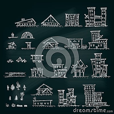 Set of hand drawn houses.Different building collection. Vector Illustration