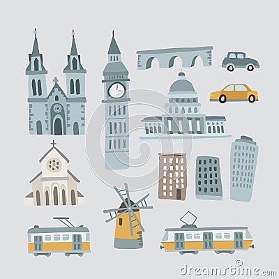 Set of hand drawn houses, monuments. Transportation vehicles. Urban icons isolated on blue background. Town, village Vector Illustration